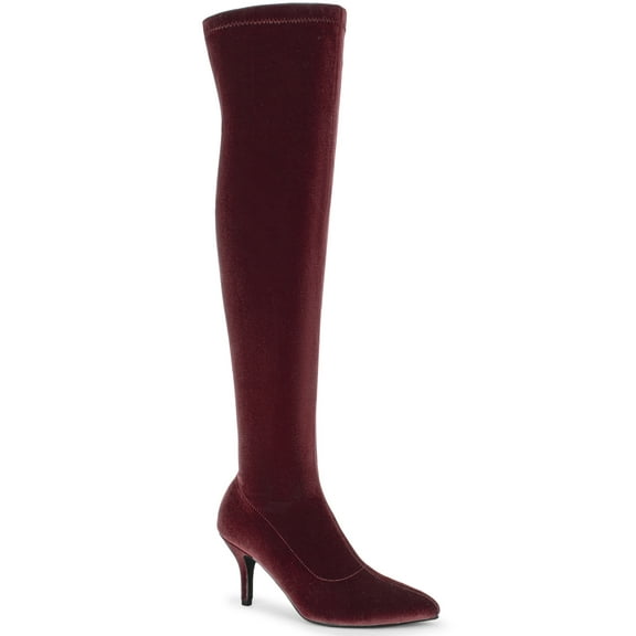 BLISSFUL STEP Faux Velvet Pointed Toe Stiletto Heels Over the Knee High Boots for Women Burgundy 9