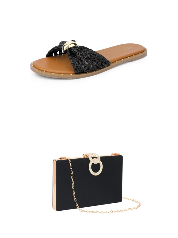 Flats Sandal Raffia Knot Open Toe Slippers Slides Sandals for Women and Handbag Black 7.5