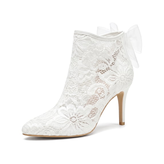 BLISSFUL STEP Women's Floral Lace Pointed Toe Ankle Boots Tulle Bow Stiletto Heel Wedding Dress Booties White 8