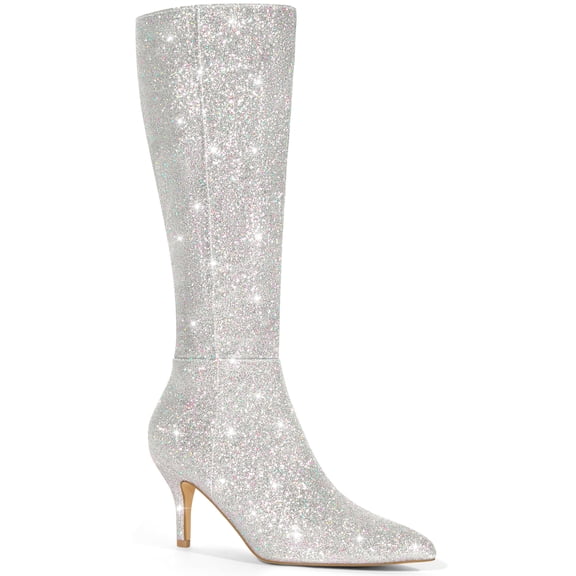 BLISSFUL STEP Halloween Women's Boots Pointed Toe Glitter Stiletto Heel Knee High Boots Silver 6