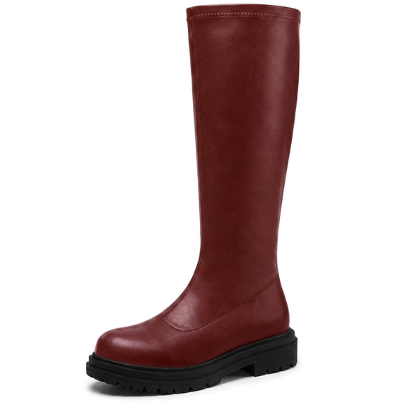 BLISSFUL STEP Knee High Boots Platform Chunky Low Heel Round Toe Back Zipper Comfortable Tall Boots Burgundy 5.5
