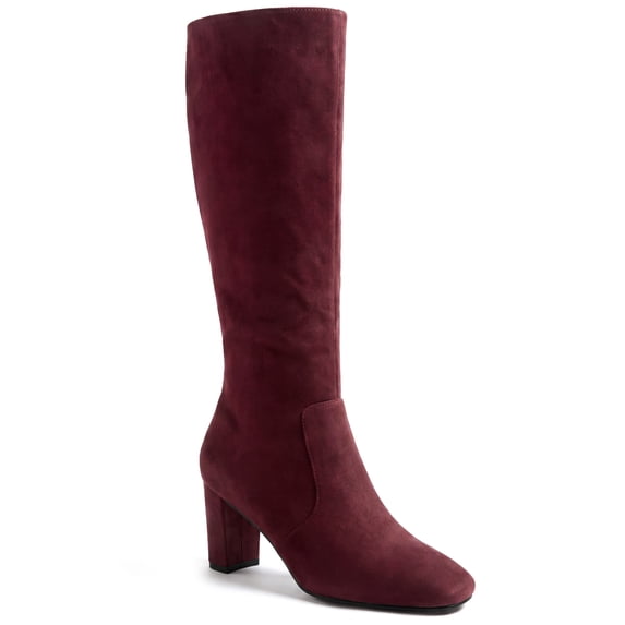 BLISSFUL STEP Knee High Boots Square Toe Chunky Heel Tall Boots Side Zipper Long Boot Burgundy 6