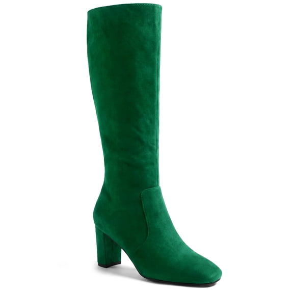 BLISSFUL STEP Knee High Boots Square Toe Chunky Heel Tall Boots Side Zipper Long Boot Green 6