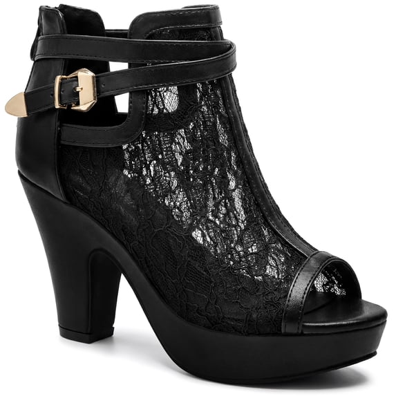 BLISSFUL STEP Women's Lace Peep Toe Platform Ankle Boots Chunky Heel Adjustable Buckle Strap Vintage Wedding Booties Black 8.5