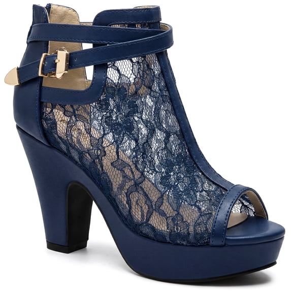BLISSFUL STEP Women's Lace Peep Toe Platform Ankle Boots Chunky Heel Adjustable Buckle Strap Vintage Wedding Booties Deep Blue 8