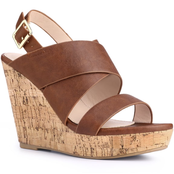 BLISSFUL STEP Open Toe Platform Wedge Heel Sandals for Women Black Brown 7