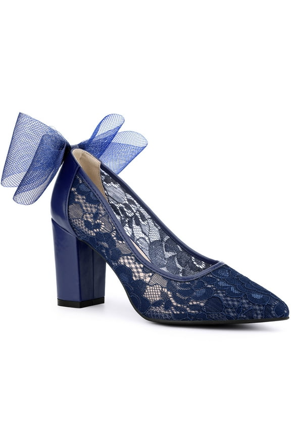 Perphy Pointed Toe Bow Lace Decor Block Heel Pumps for Women Dark Blue 7.5