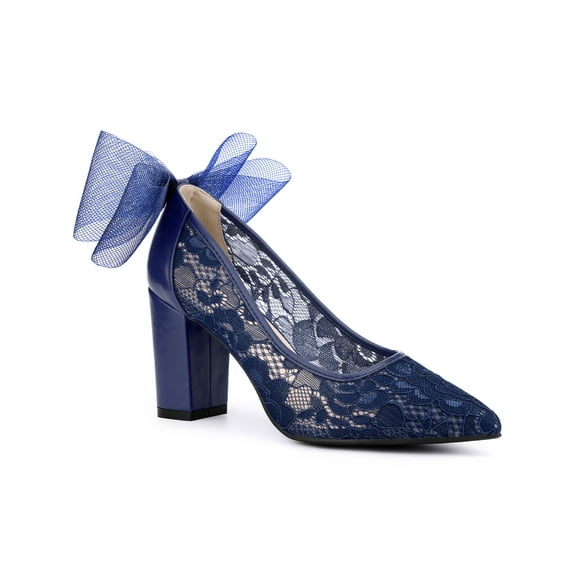 BLISSFUL STEP Perphy Pointed Toe Bow Lace Decor Block Heel Pumps for Women Dark Blue 9