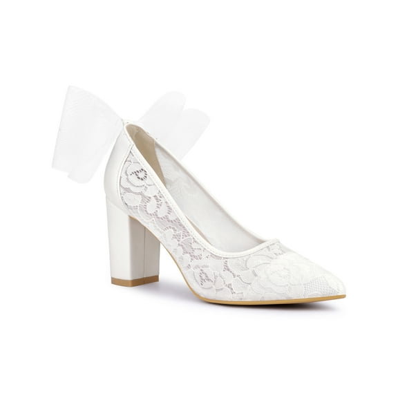 BLISSFUL STEP Perphy Pointed Toe Bow Lace Decor Block Heel Pumps for Women White 7