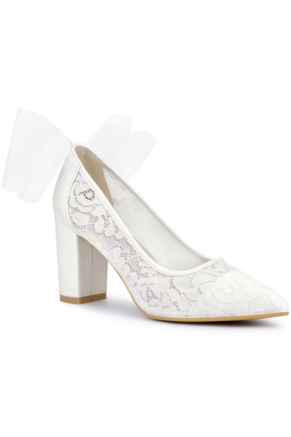 Perphy Pointed Toe Bow Lace Decor Block Heel Pumps for Women White 7