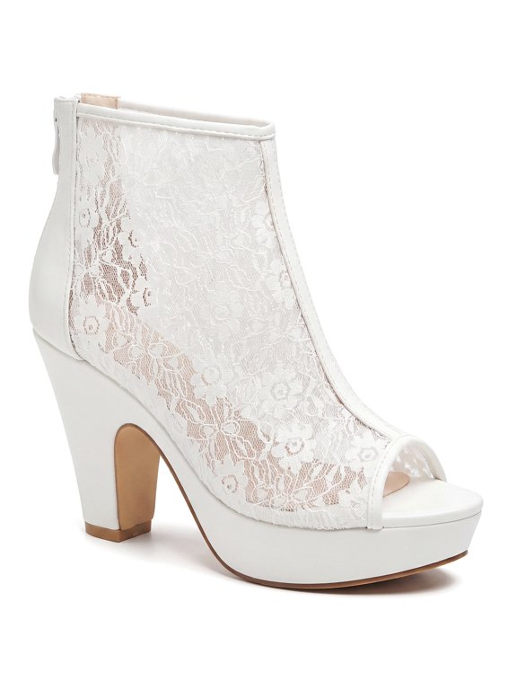 Platform Lace Peep Toe Ankle Boots Back Zip Chunky Heel Boots White 9