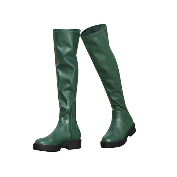 BLISSFUL STEP Platform Lug Sole Chunky Low Heel Over Knee High Boots for Women Green 7