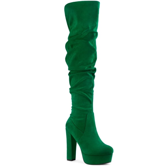BLISSFUL STEP Platform Round Toe Zipper Slouch Chunky Heel Over the Knee Boots Green 8