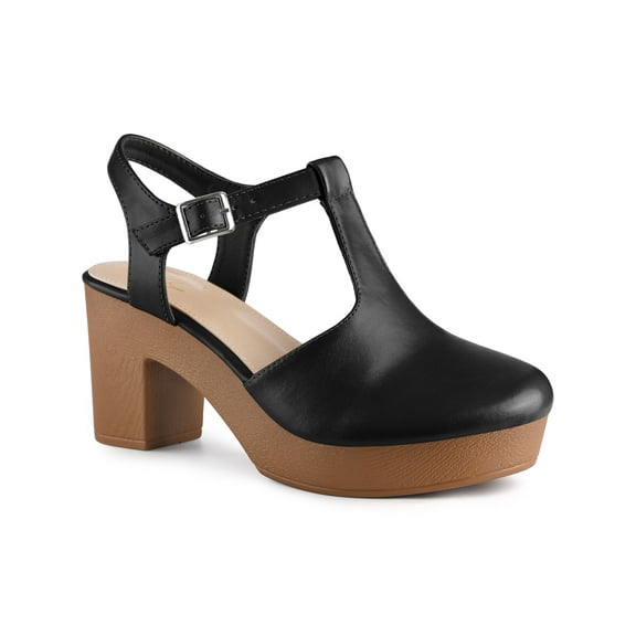 BLISSFUL STEP Women's Platform T-Strap Block Heels Sandals Solid Round Toe Faux Leather Shoes Black 7