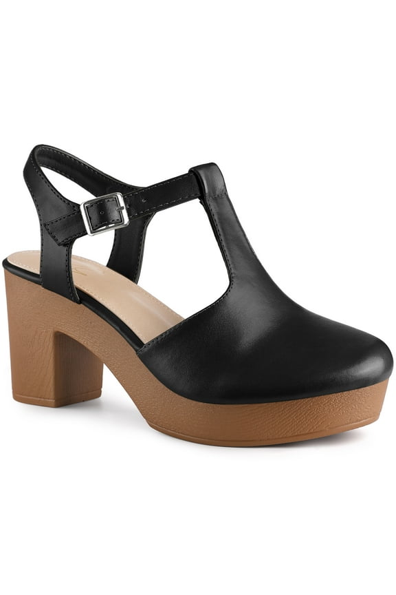 Women's Platform T-Strap Block Heels Sandals Solid Round Toe Faux Leather Shoes Black 7