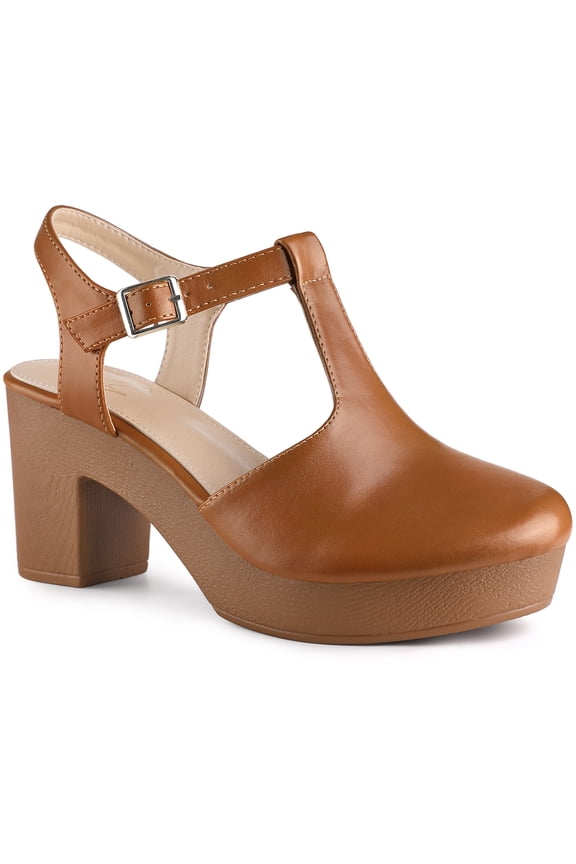 Women's Platform T-Strap Block Heels Sandals Solid Round Toe Faux Leather Shoes Brown 8
