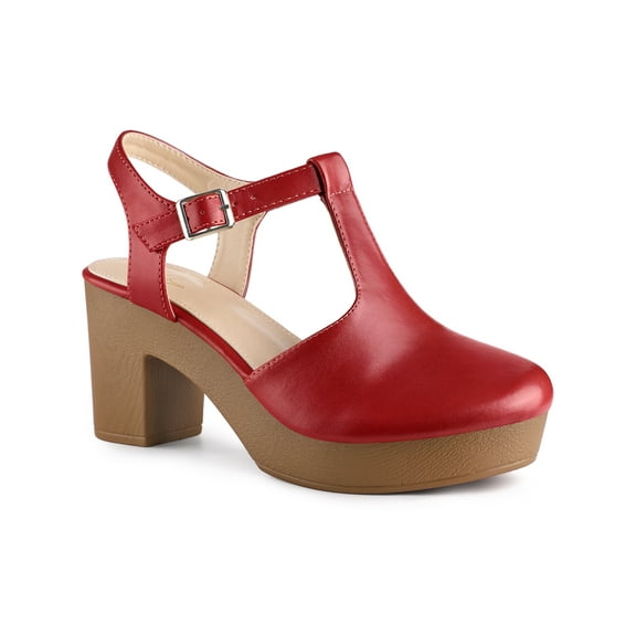 BLISSFUL STEP Women's Platform T-Strap Block Heels Sandals Solid Round Toe Faux Leather Shoes Red 8
