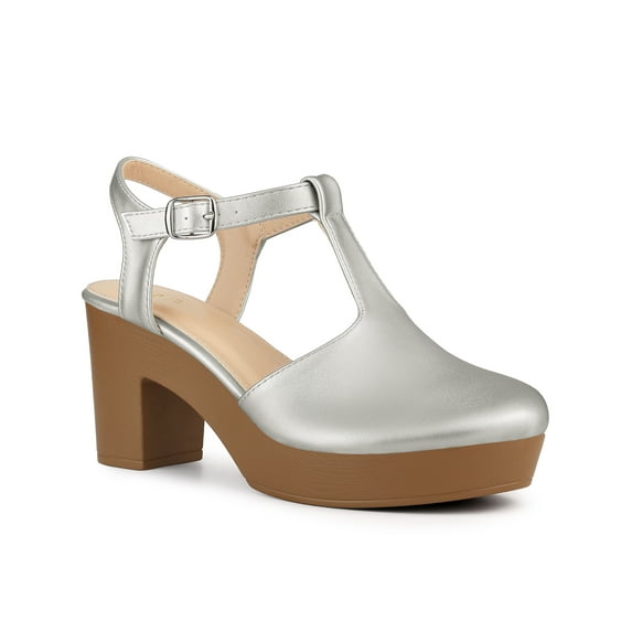 BLISSFUL STEP Women's Platform T-Strap Block Heels Sandals Solid Round Toe Faux Leather Shoes Silver 9