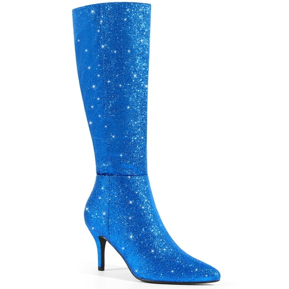 BLISSFUL STEP Women's Boots Pointed Toe Glitter Stiletto Heel Knee High Boots  Blue 8