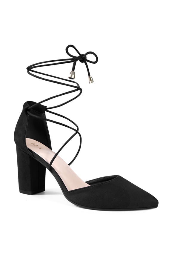 Pointy Toe Lace Up Chunky Heeled Sandal Dress Pumps for Women Black 7.5