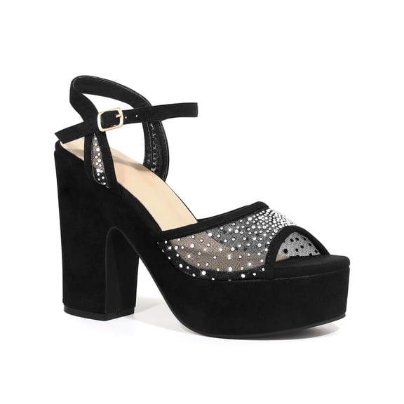 BLISSFUL STEP Rhinestone Mesh Platform Block Heel Sandals for Women Black 7