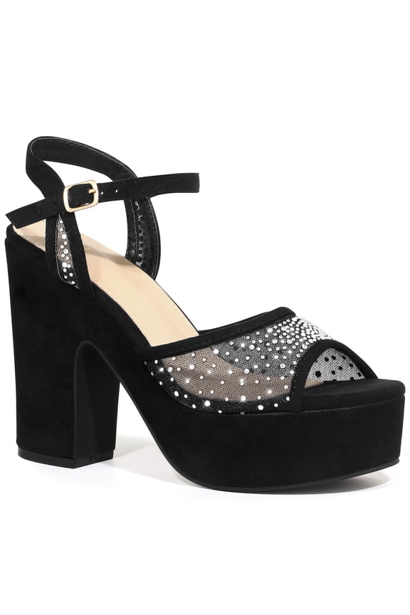 Rhinestone Mesh Platform Block Heel Sandals for Women Black 8.5