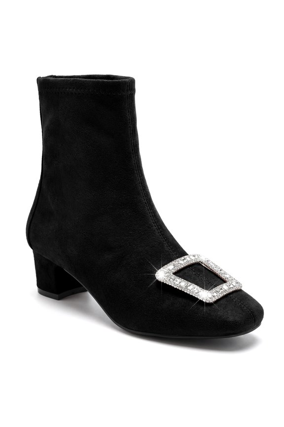 Rhinestone Square Toe Buckle Mid Block Heel Short Ankle Boots for Women Black 8.5