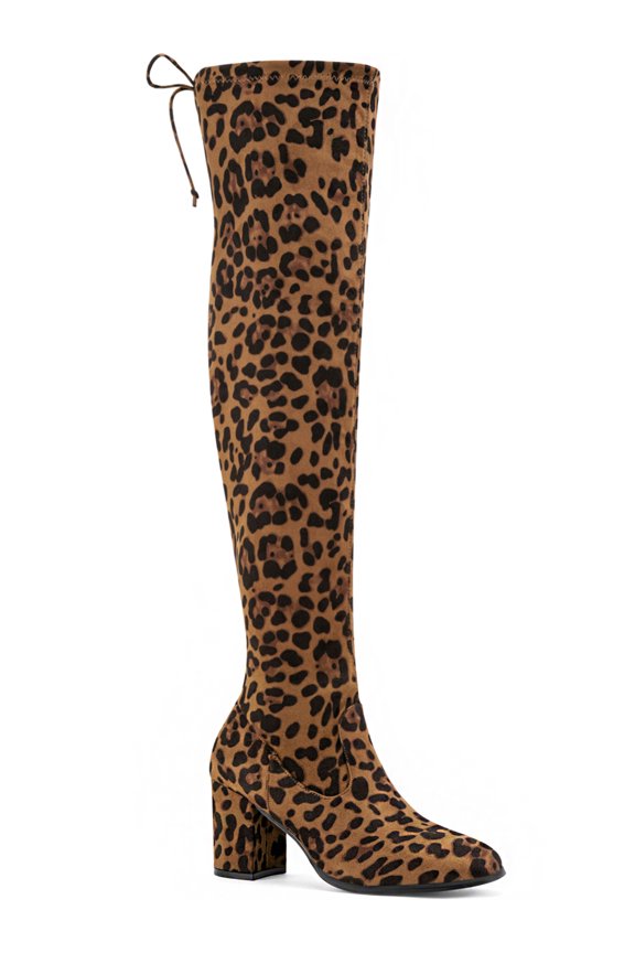 Women's Boots Round Toe Chunky Heel Over the Knee High Faux Suede Boots Leopard 6.5