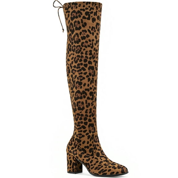 BLISSFUL STEP Women's Boots Round Toe Chunky Heel Over the Knee High Faux Suede Boots  Leopard 9