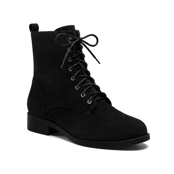 BLISSFUL STEP Round Toe Combat Boots Low Block Heel Ankle Boots for Women Black 9