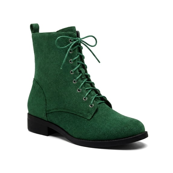 BLISSFUL STEP Round Toe Combat Boots Low Block Heel Ankle Boots for Women Green 6.5