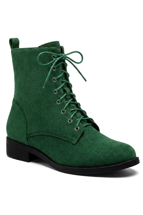 Round Toe Combat Boots Low Block Heel Ankle Boots for Women Green 7