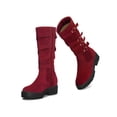 thumbnail image 1 of BLISSFUL STEP Round Toe Platform Buckle Chunky Heel Knee High Boots for Women Burgundy 6, 1 of 8