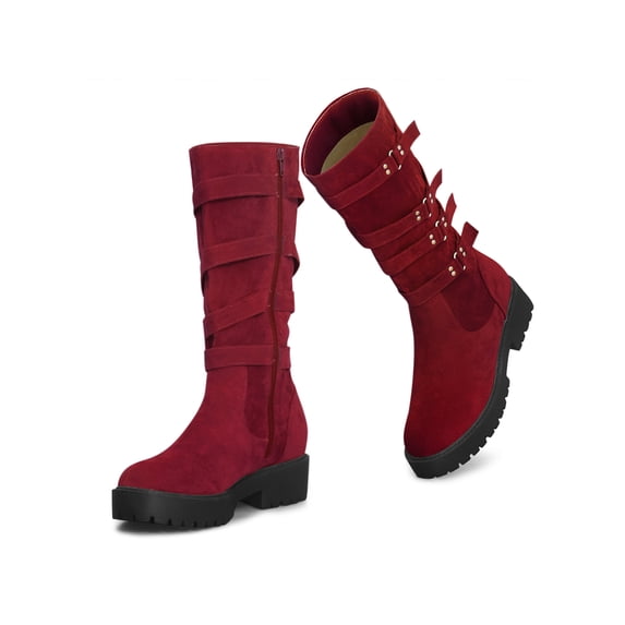 BLISSFUL STEP Round Toe Platform Buckle Chunky Heel Knee High Boots for Women Burgundy 6