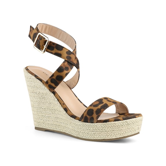 BLISSFUL STEP Slingback Crisscross Espadrille Wedge Heels Sandals for Women Leopard 10