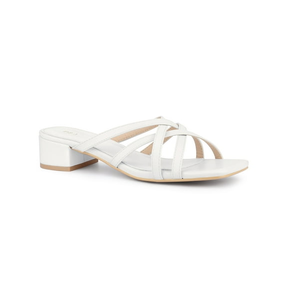 BLISSFUL STEP Square Toe Cross Strap Pearl Decor Chunky Heel Slide Sandals for Women White 5.5