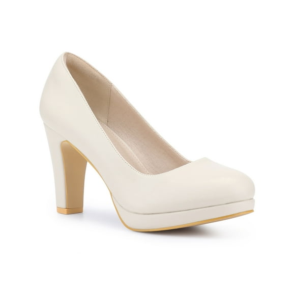 BLISSFUL STEP Stylish Women's Platform Round Toe Chunky Heel Pumps for All Occasions Beige 9