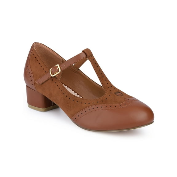 BLISSFUL STEP T-Strap Mary Janes for Women Ankle Strap Block Heels Pumps - Perfect for Parties and Cosplay Brown 7