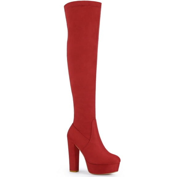 BLISSFUL STEP Women's Boots Platform Block Heel Over the Knee Thigh High Boots Red 8.5