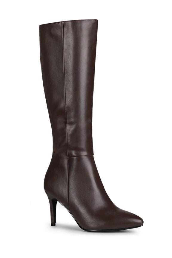 Valentine's Women's Boot Pointed Toe Side Zipper Stiletto Heel Knee High Boots Brown 7.5