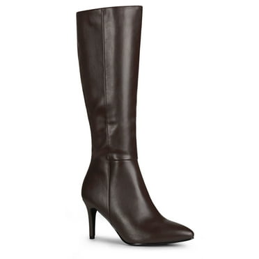 BLISSFUL STEP Women Pointed Toe Side Zipper Stiletto Heel Knee High Boots Brown 9