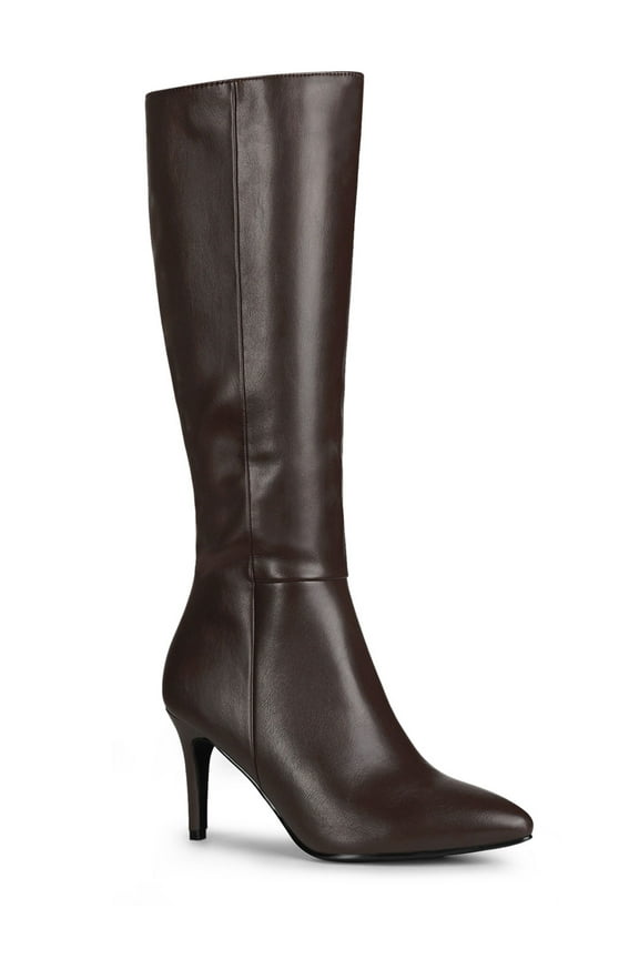 Valentine's Women's Boot Pointed Toe Side Zipper Stiletto Heel Knee High Boots Brown 9