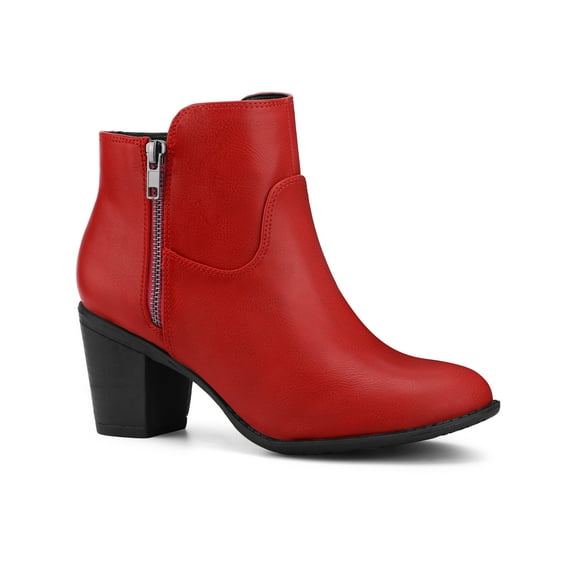 BLISSFUL STEP Women' Shoes Round Toe Stacked Block Heel Zipper Ankle Boots Red 9.5