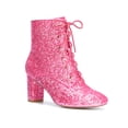 thumbnail image 1 of BLISSFUL STEP Women's Ankle Boots Chunky Heel Lace Up Side Zip Square Toe Party Boots Pink 7, 1 of 6