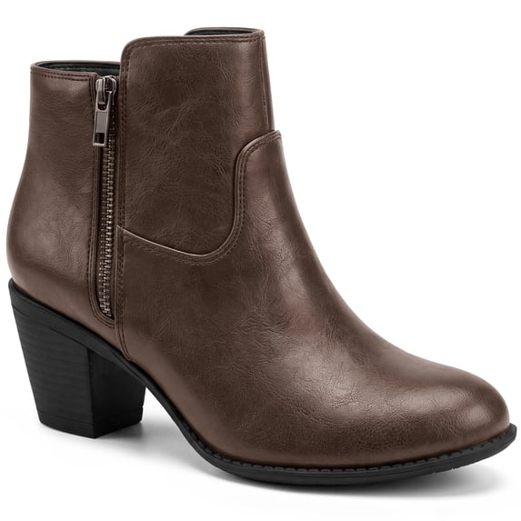 BLISSFUL STEP Women's Ankle Boots Chunky Heel Round Toe Zipper Faux Leather Boots Brown 6.5