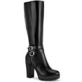 thumbnail image 1 of BLISSFUL STEP Women's Ankle Boots Faux Leather Knee High Buckle Chunky Heel Zip Up Boots Black 6, 1 of 6
