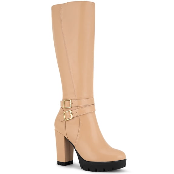 BLISSFUL STEP Women's Ankle Boots Faux Leather Knee High Buckle Chunky Heel Zip Up Boots Nude 9