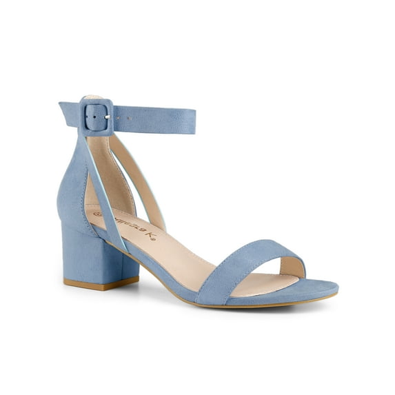 BLISSFUL STEP Women's Ankle Buckle Strap Chunky Heel Sandal Shoes Haze Blue 9.5