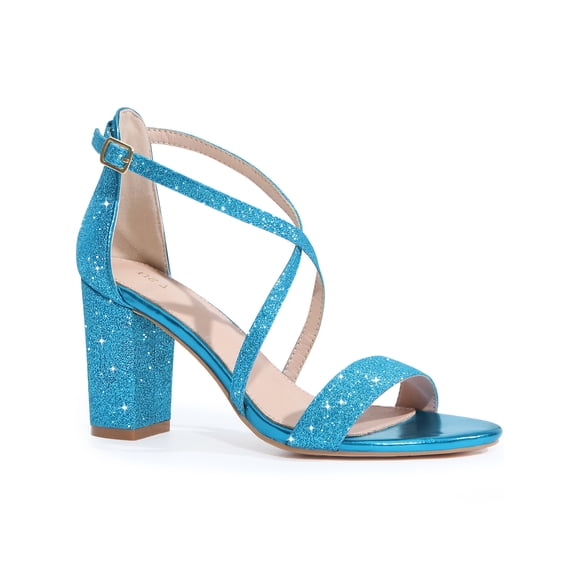 BLISSFUL STEP Women's Shoes Glitter Crisscross Strap Block Heel Sandals Lake Blue 7