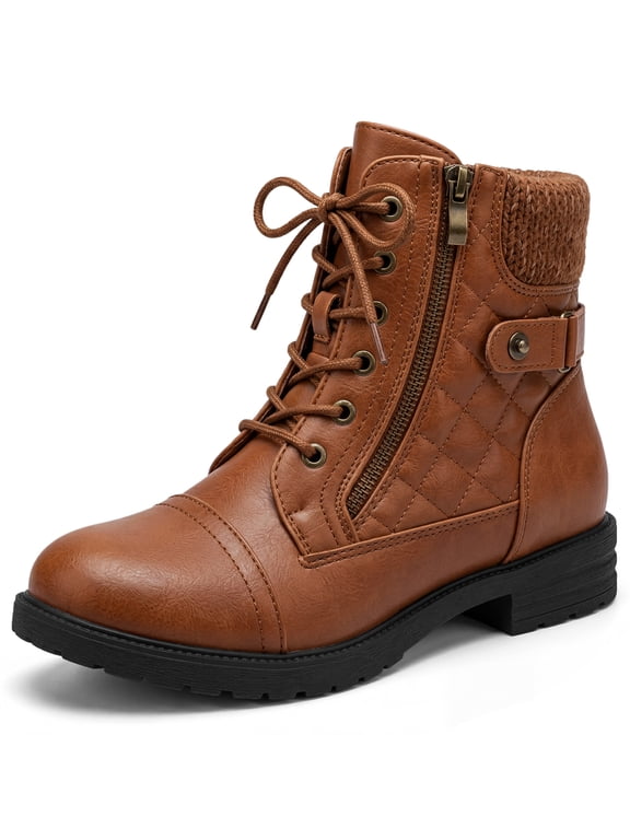 Women's Back to School Lace-up Ankle Boots Side Zipper Buckle Block Heel Combat Boots Brown 9.5